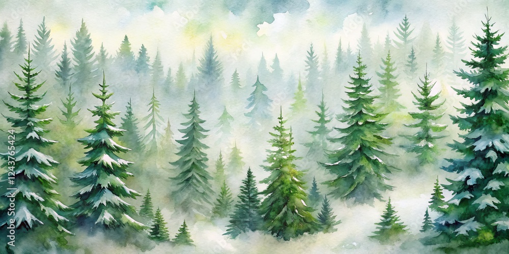 Fototapeta premium Watercolor Enchantment Misty Evergreen Forest Scene