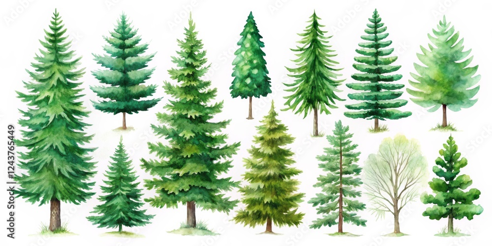 Obraz premium Watercolor Evergreen Collection Diverse Conifer and Deciduous Trees