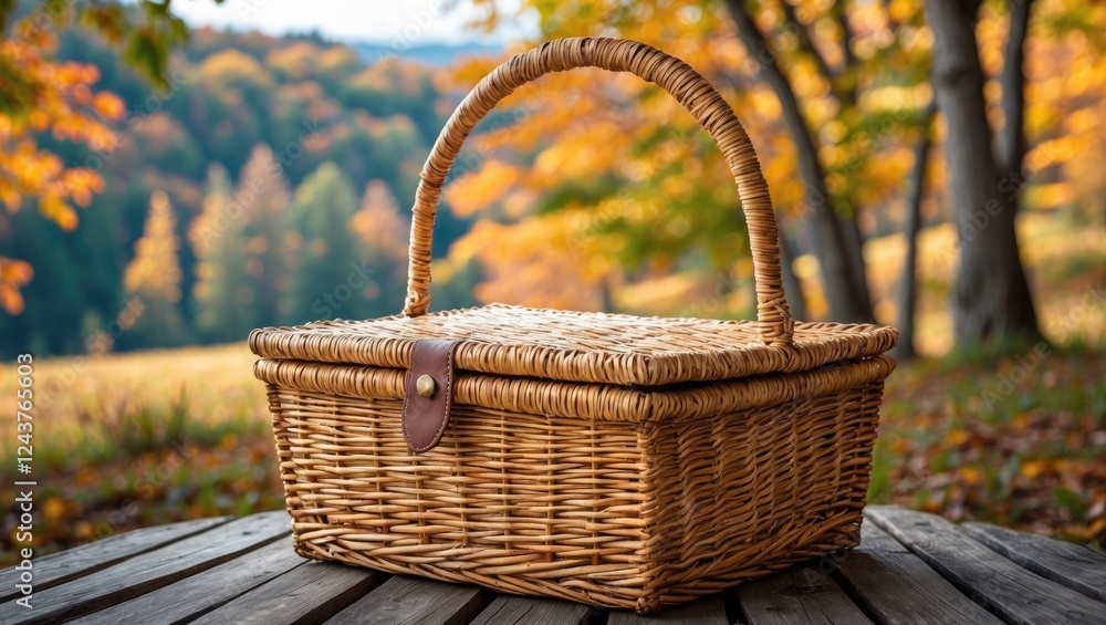 Autumn Picnic Basket on Wooden Table Surrounded by Colorful Foliage in a Scenic Outdoor Setting Perfect for Seasonal Gatherings Autumn Picnic Basket on Wooden Table Surrounded by Colorful Foliage in a Scenic Outdoor Setting Perfect for Seasonal Gatherings