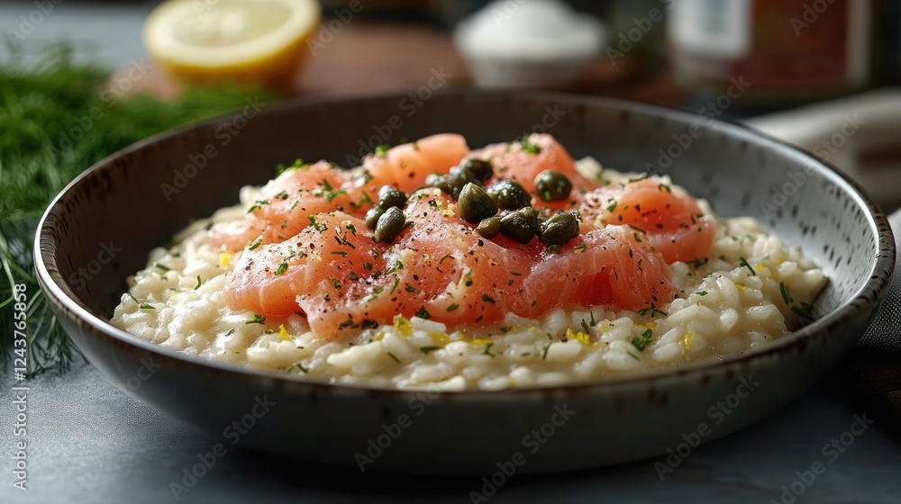 Smoked Salmon Risotto with Capers Creamy risotto infused with smoked salmon, capers, and a hint of lemon zest, garnished with dill sprigs Smoked Salmon Risotto with Capers Creamy risotto infused with smoked salmon, capers, and a hint of lemon zest, garnished with dill sprigs