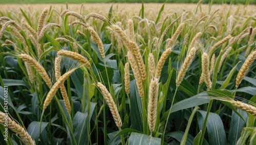 Ripening Grain Field With Lush Green Foliage And Ample Space For Text Addition Against A Blurred Horizon In The Background photo