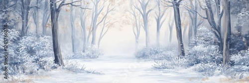 Snowy path winds its way through a serene and misty winter forest, creating a tranquil and inviting atmosphere, bathed in soft, diffused light filtering through the frosted trees