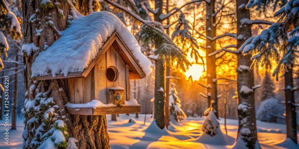 Winter Sunrise Snow-Covered Birdhouse in Golden Forest Winter Sunrise Snow-Covered Birdhouse in Golden Forest