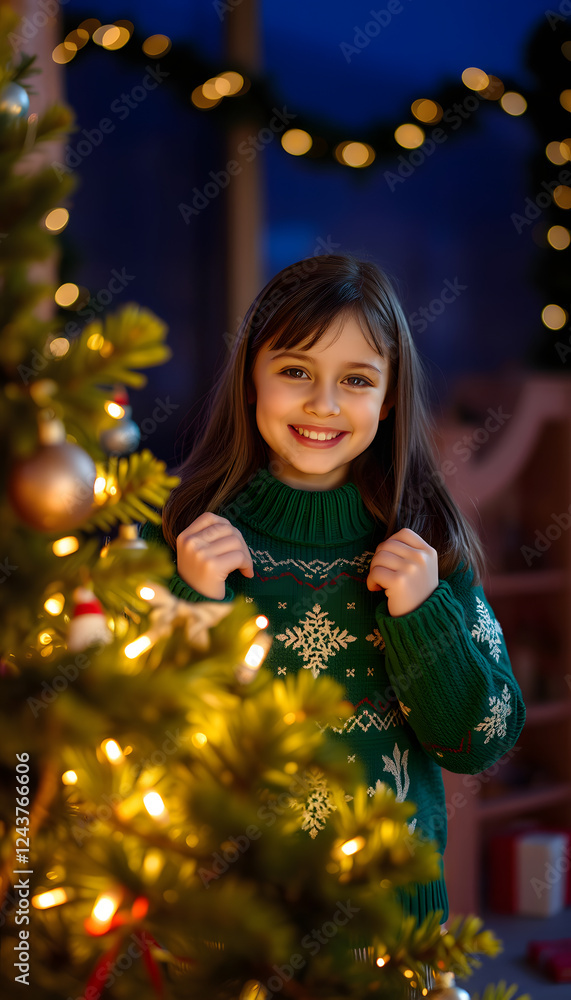 Smiling girl holding green sweater with Christmas tree in foreground, retro style. with white shades Smiling girl holding green sweater with Christmas tree in foreground, retro style. with white shades
