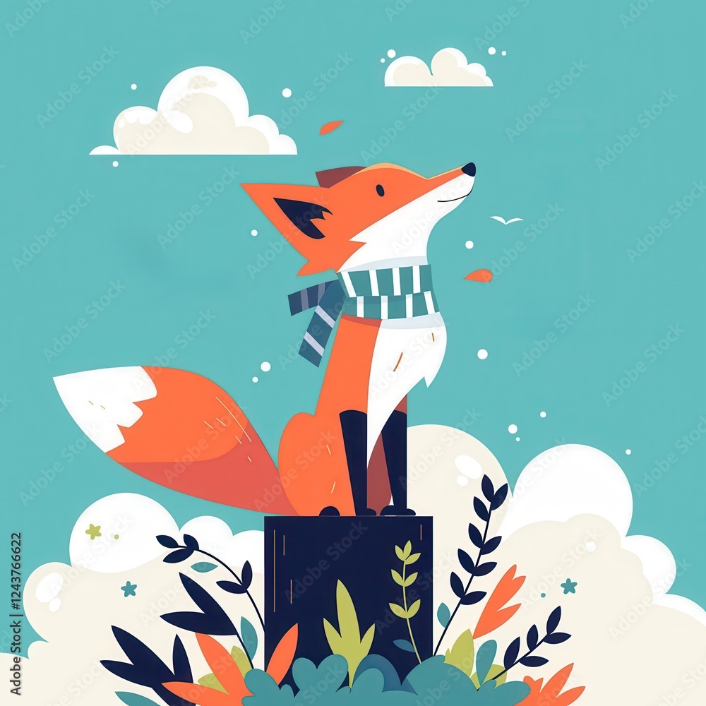 Naklejka premium Cute Orange Fox Wearing Scarf Sitting on a Stump in Nature