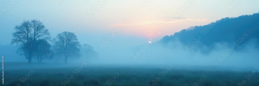 Misty morning with a soft blue fog rolling in, stillness, overcast Misty morning with a soft blue fog rolling in, stillness, overcast