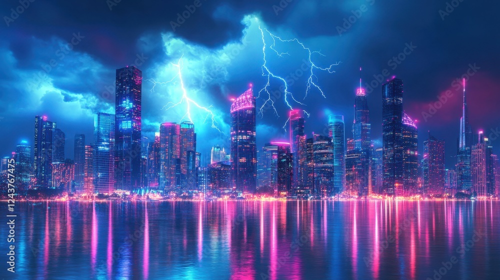A futuristic skyline with digital lightning patterns forming in the sky, an abstract sci-fi interpretation of an electric storm, neon-infused composition A futuristic skyline with digital lightning patterns forming in the sky, an abstract sci-fi interpretation of an electric storm, neon-infused composition