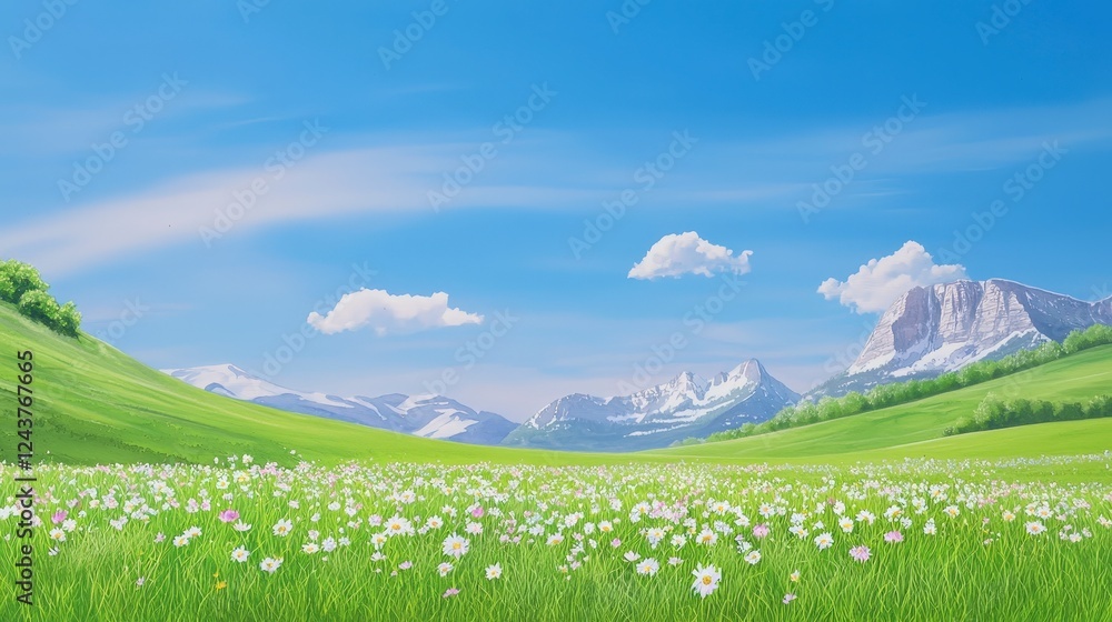 Fototapeta premium Serene Landscape with Colorful Flowers Under Bright Blue Sky