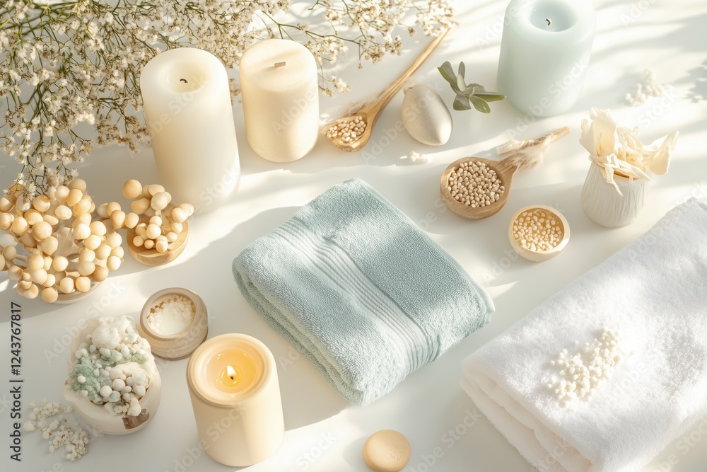 Conjunto de itens de spa com toalhas, velas e elementos decorativos em tons neutros, capturados com luz natural suave, criado com IA generativa. Conjunto de itens de spa com toalhas, velas e elementos decorativos em tons neutros, capturados com luz natural suave, criado com IA generativa.