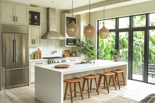 Wallpaper Mural Modern kitchen interior featuring a spacious island, stylish hanging lights, and lush greenery visible through large windows Torontodigital.ca