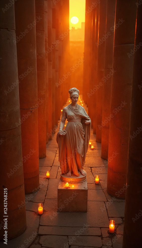 Naklejka premium Statue in Ancient Corridor with Candles at Sunset