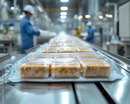 Wallpaper Mural A production line in a factory showcases sealed food packages being processed by workers in protective gear. Torontodigital.ca