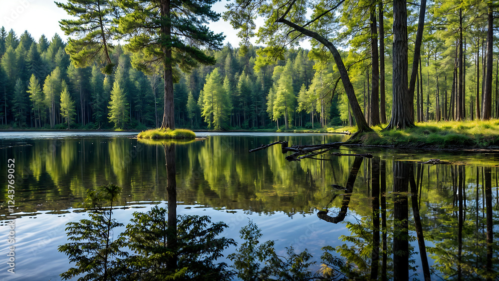 Fototapeta premium A forest lake with crystal clear water that reflects the surrounding trees.