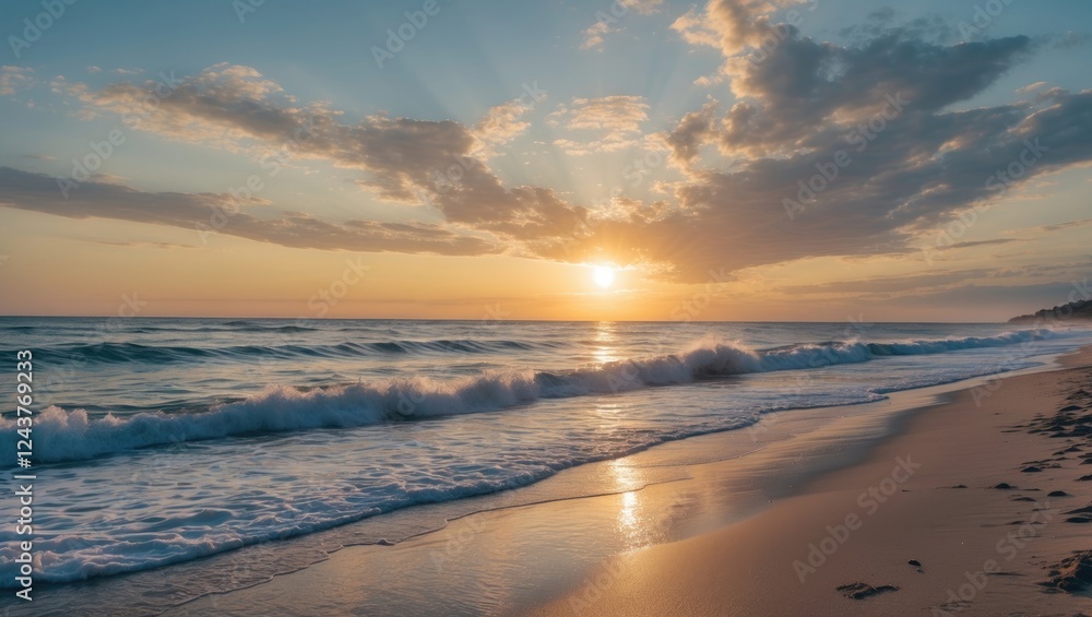 Serene Beach Sunset with Waves Embracing Sandy Shore Under a Dramatic Sky Capturing a Perfect Moment of Tranquility and Peacefulness Serene Beach Sunset with Waves Embracing Sandy Shore Under a Dramatic Sky Capturing a Perfect Moment of Tranquility and Peacefulness