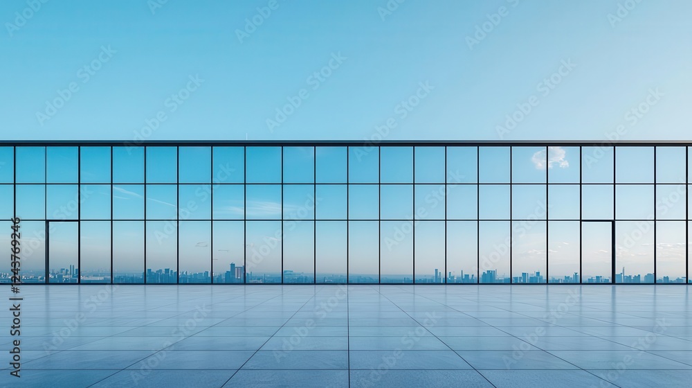 Minimalist steel factory exterior with large glass panels reflecting the industrial skyline Minimalist steel factory exterior with large glass panels reflecting the industrial skyline