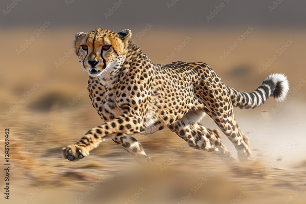 A cheetah sprinting across a vast, arid landscape, showcasing its speed and agility, with a blurred background emphasizing motion A cheetah sprinting across a vast, arid landscape, showcasing its speed and agility, with a blurred background emphasizing motion