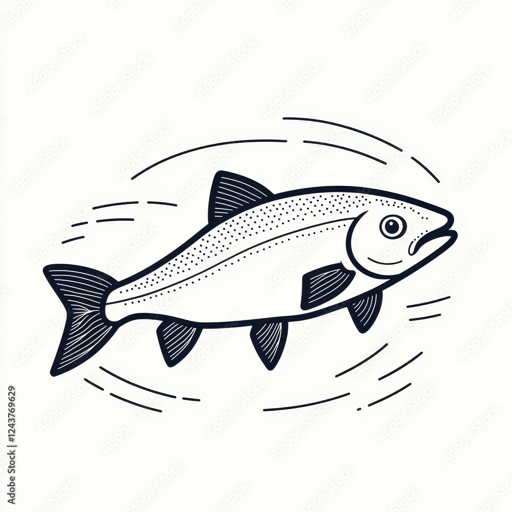 Elegant Line Art Drawing of a Salmon Fish Swimming in Water Elegant Line Art Drawing of a Salmon Fish Swimming in Water