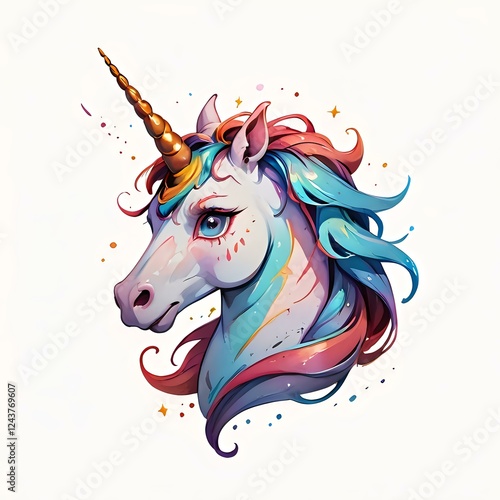 Beautiful magical unicorn head with rainbow mane and golden horn on white background. Fantasy art perfect for children's design, fairy tale illustrations and magical themes. photo