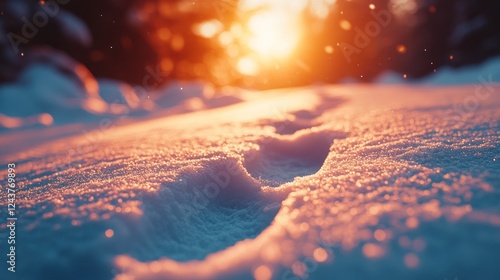 Winter sunset footprints on snow, snowy forest background photo