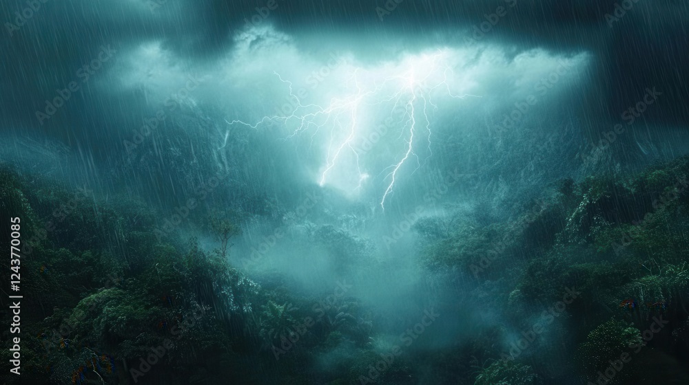 Obraz premium A massive electrical storm over a dense jungle, bright white lightning flashing through thick mist, heavy rain pouring down, raw and untamed nature at its peak