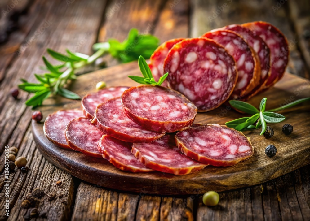 Salami Production: Close-up of Sliced Salami Showing Texture and Rich Color Against a Rustic Wooden Background Salami Production: Close-up of Sliced Salami Showing Texture and Rich Color Against a Rustic Wooden Background