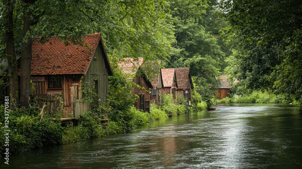 A row of rustic hutments built along a winding riverbank, surrounded by lush greenery A row of rustic hutments built along a winding riverbank, surrounded by lush greenery
