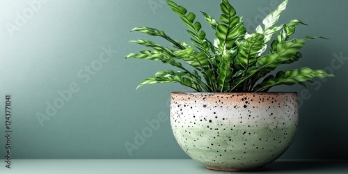 Serene Asplenium Nidus in a Speckled Ceramic Pot against a Teal Wall photo