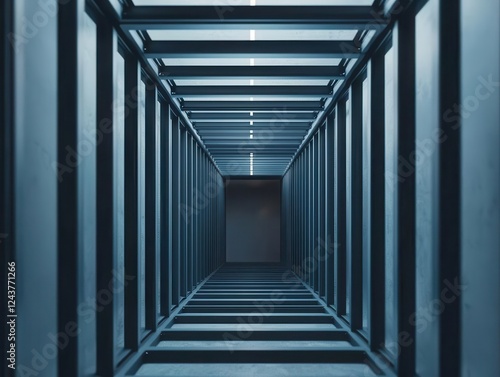 Abstract steel bars forming intricate  symmetrical patterns in an ultramodern industrial space