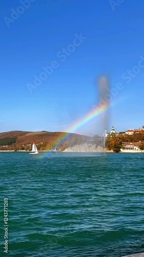 A small yacht sails around the rainbow on Lake Abrau-Durso, Krasnodar Territory. A sunny day. Vertical video for your phone.