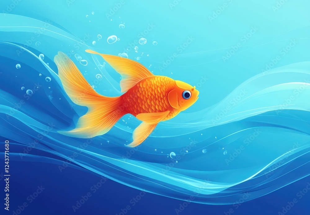 Naklejka premium A goldfish swimming in the water, isolated on a blue background with copy space for a banner design