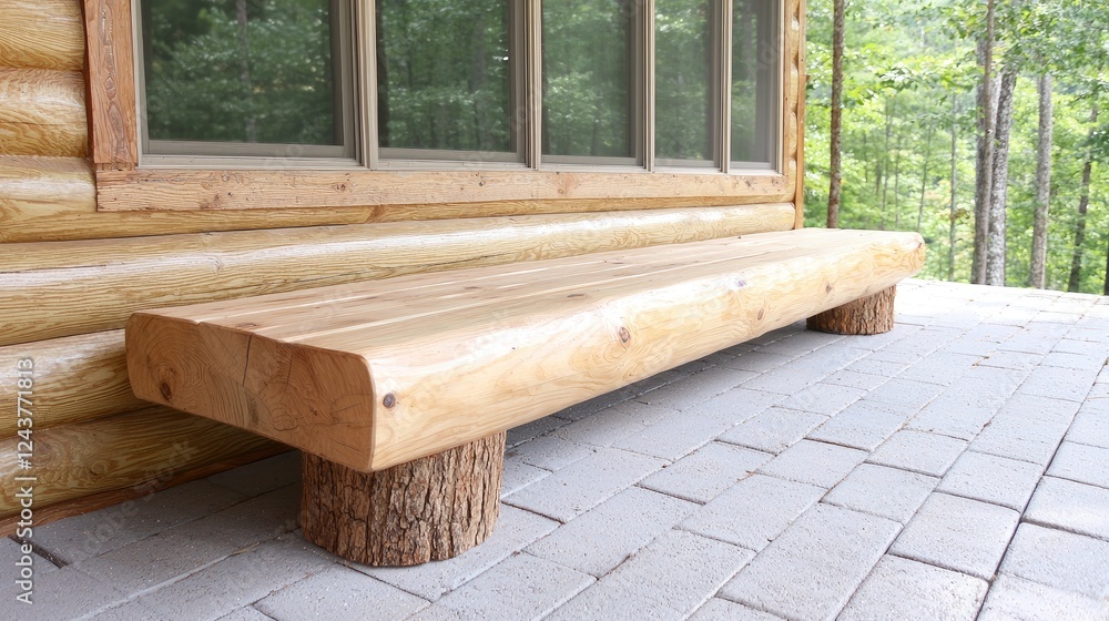 Rustic log bench on cabin porch, woods background, home decor
