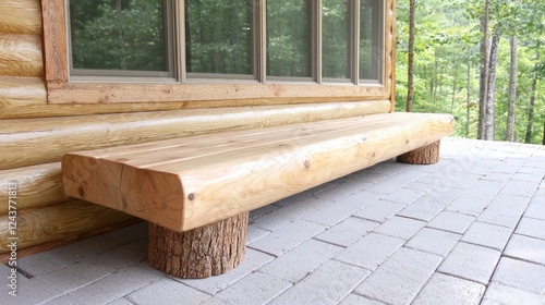 Obraz na płótnie Rustic log bench on cabin porch, woods background, home decor w salonie