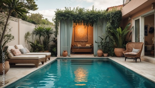 Wallpaper Mural Tropical Poolside Oasis with Lush Greenery and Cozy Seating Area for Relaxation and Leisure Torontodigital.ca