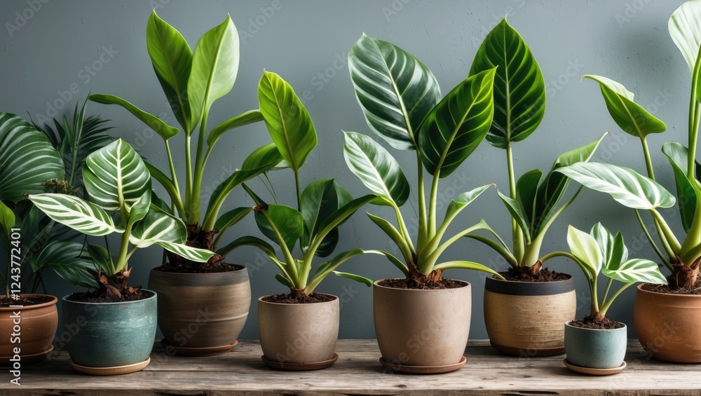 Fototapeta premium Anthurium Crystallinum Collection in Stylish Pots Against a Neutral Background with Space for Text Integration and Plant Care Tips