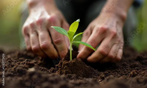 Hands Planting Seedling in Fertile Soil, Symbolizing Growth and Sustainability photo