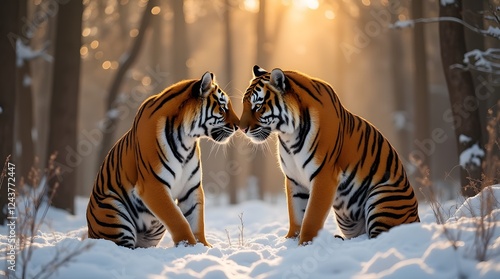 Two Amur tigers kiss in the snow forest. A tiger with a tigress in the wedding period.