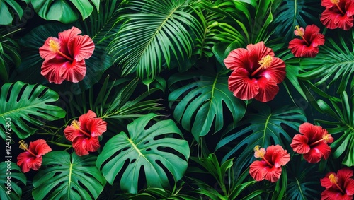Tropical Plant Pattern with Red Hibiscus and Monstera Leaves Ideal for Summer Designs and Nature Backgrounds with Blank Space for Text