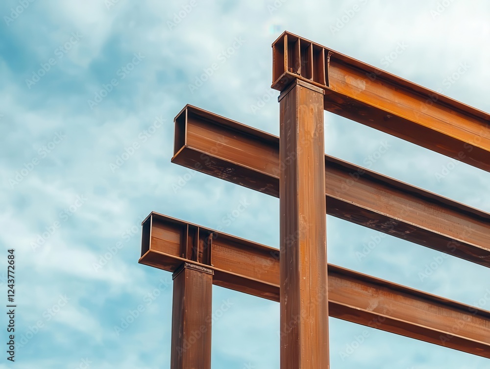 Fototapeta premium Minimalist steel framework of a bridge under construction, set against a cloudy sky