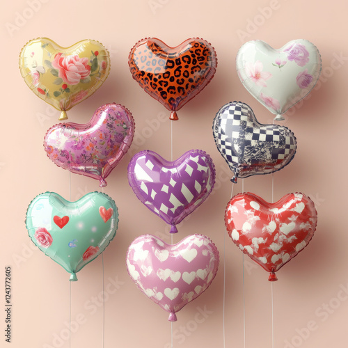Colorful heart shaped balloons in various patterns and designs create festive atmosphere, perfect for celebrations and romantic occasions