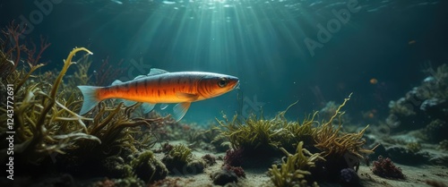 underwater scene with egi lure suspended in seaweed , lure for squid and cuttlefish, underwater scene, cuttlefish mimicry photo