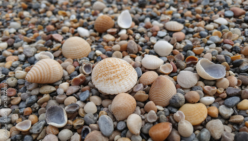 Seashells on Pebble Beach Colorful Shells and Stones Seashells on Pebble Beach Colorful Shells and Stones