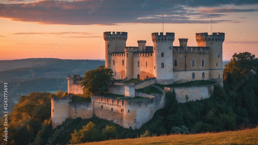 Majestic old castle atop a hill illuminated by sunset with serene landscape featuring empty space for creative text or captions Majestic old castle atop a hill illuminated by sunset with serene landscape featuring empty space for creative text or captions