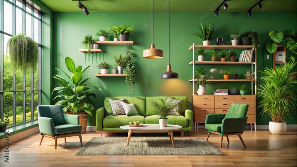 Fototapeta premium vibrant green interior design with modern furniture and plants, plant life, home decor, living room, interior design, office space