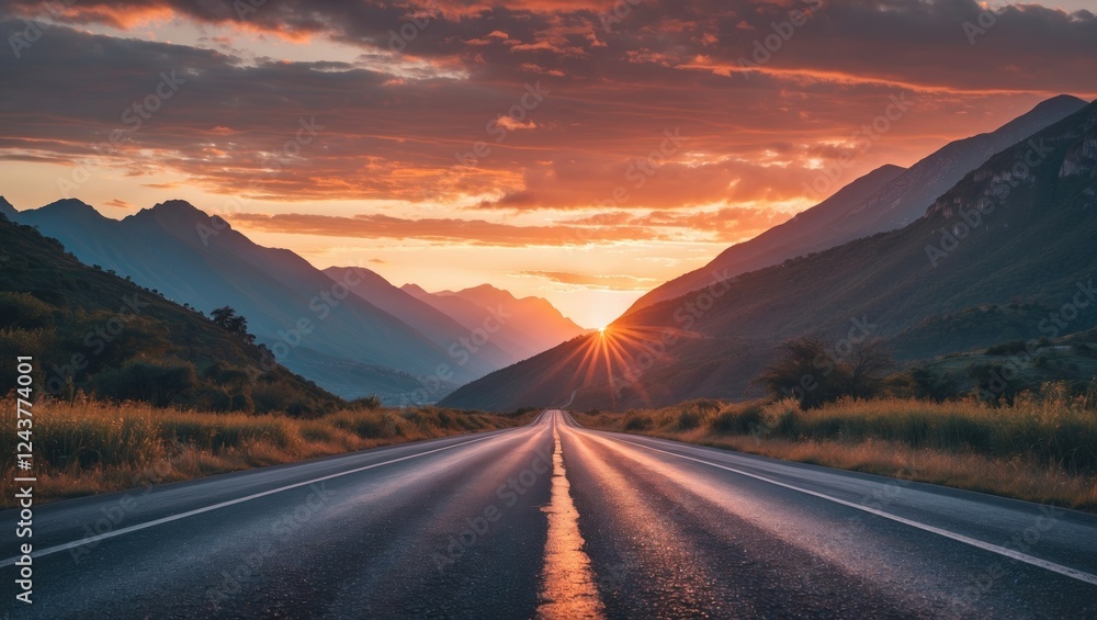 Naklejka premium Serene asphalt road leading towards majestic mountains under a vibrant sunset creating a picturesque travel destination scene.