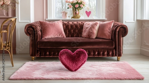 Living room styled with a plush velvet sofa soft pink rugs and a central heart themed centerpiece ideal for Valentines greetings or a delightful partner surprise no people photo