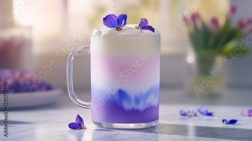 Butterfly Pea Blue Tea with flowers and milk. A glass of a cold summer drink. Caffeine free drink. Healthy food concept photo