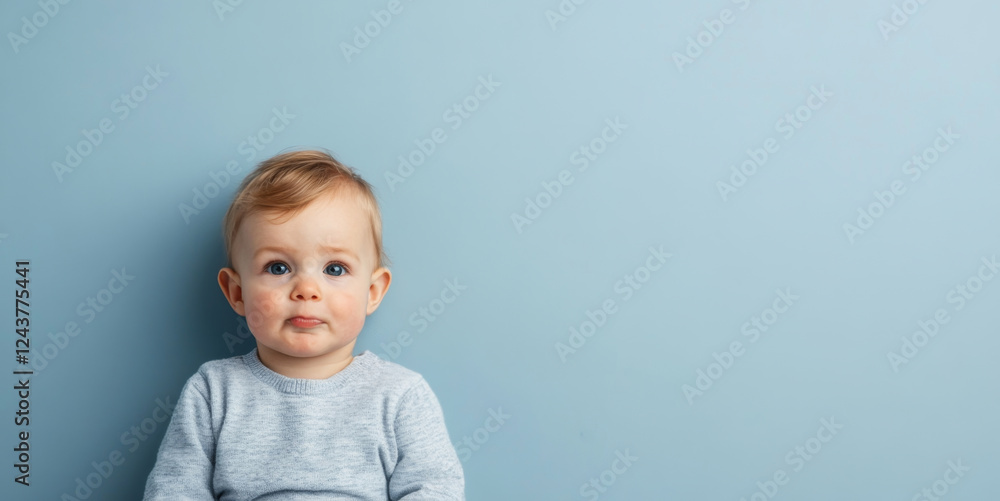 A young child with light hair sits on the floor gazing towards the camera. A young child with light hair sits on the floor gazing towards the camera.