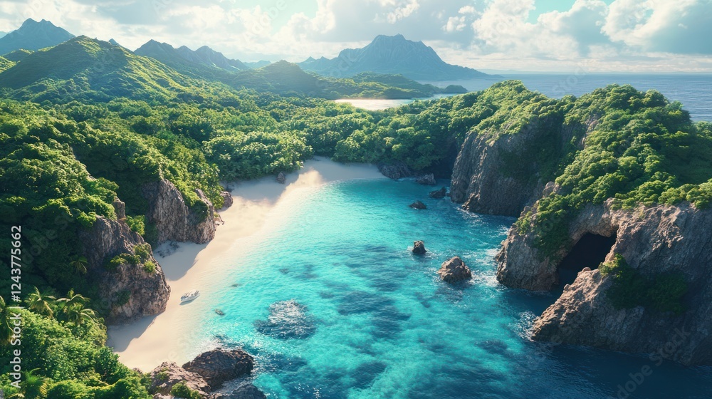 Obraz premium Secluded tropical beach cove, island, ocean, sunny, aerial, paradise, vacation, travel