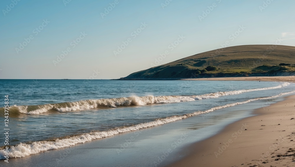 Tranquil Beach Scene with Gentle Waves and Serene Hill Under Clear Sky Ideal for Travel and Nature Themes. Tranquil Beach Scene with Gentle Waves and Serene Hill Under Clear Sky Ideal for Travel and Nature Themes.