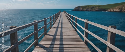 Wooden walkway over blue sea under clear skies inviting exploration and serenity on a beautiful day by the coast photo